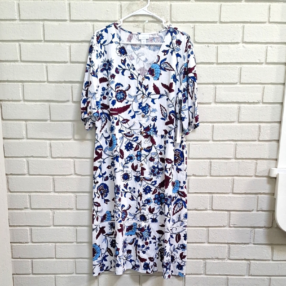 Liz Claiborne Blue and Purple Floral Linen Blend Dress. Size 14 NWT